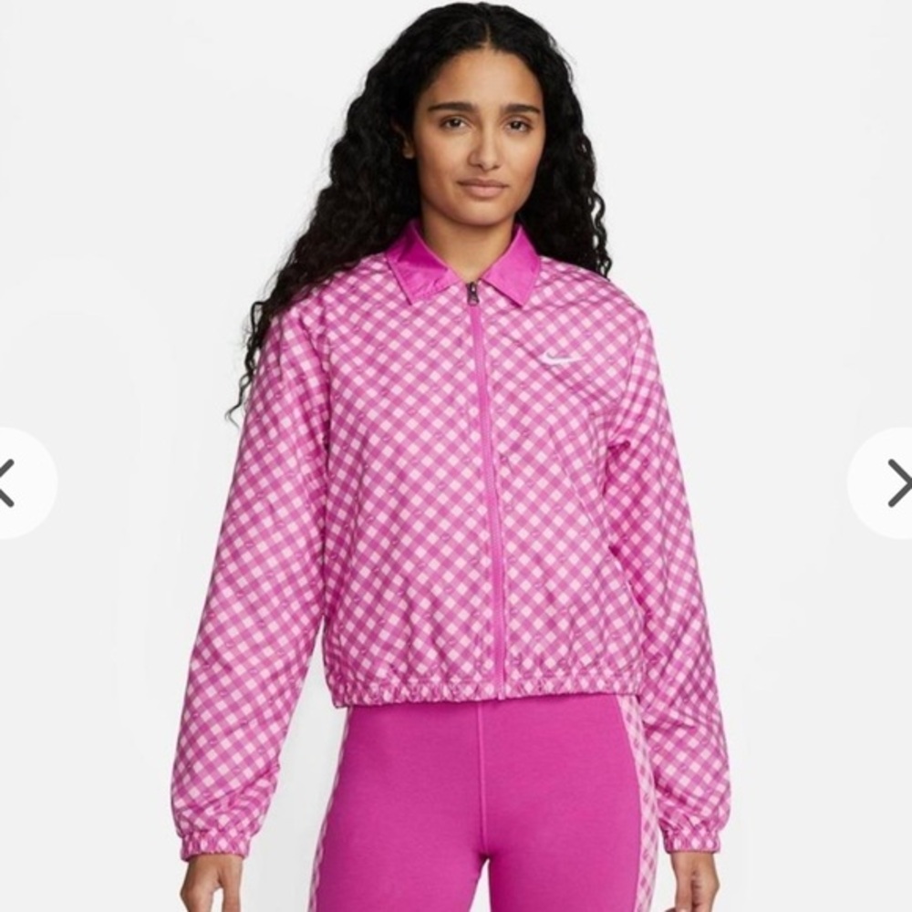 Nike Women’s Size XL Gingham Plaid Windbreaker Jacket Pink Sporty Activewear NWT